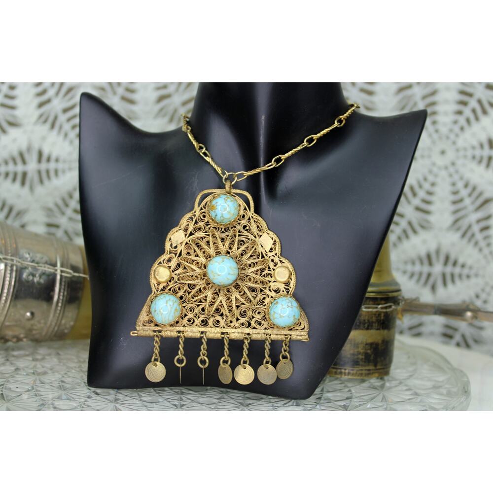 Vintage Goldette Fatimid Blue Czech Glass Cabochon Triangular Pendant Necklace